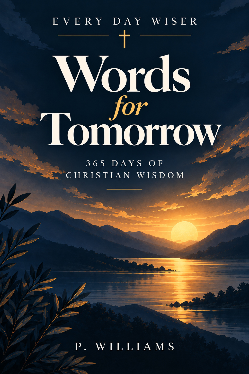 English cover of Words for Tomorrow by P. Williams: 365 days of Christian wisdom, with a cross and a golden sun above a mountain lake