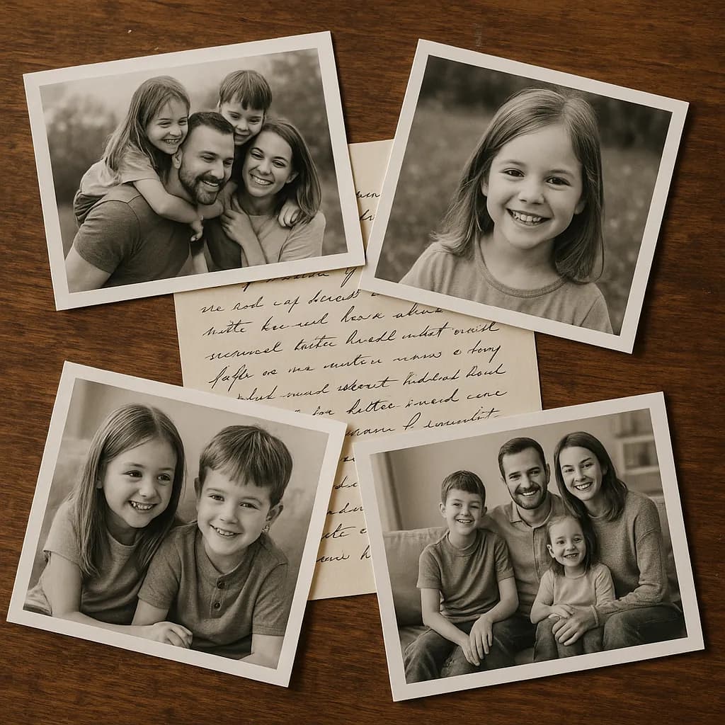 Family photographs and handwritten letter on wooden surface