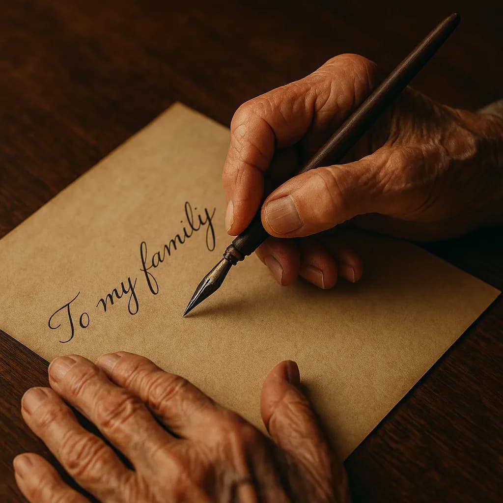 Elderly hands writing a heartfelt letter to family with fountain pen